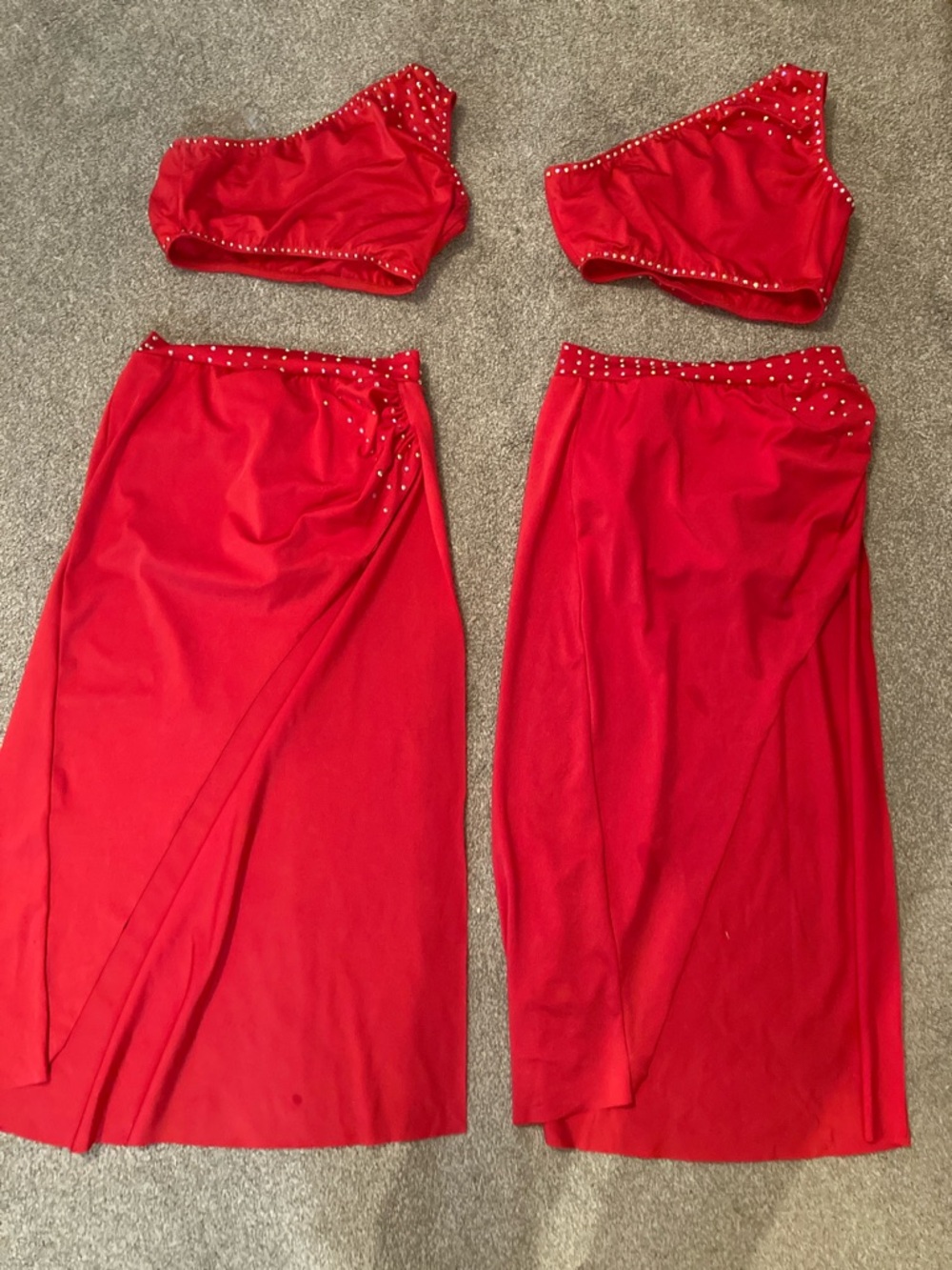 Red Dance Costume Set with Rhinestone Trim